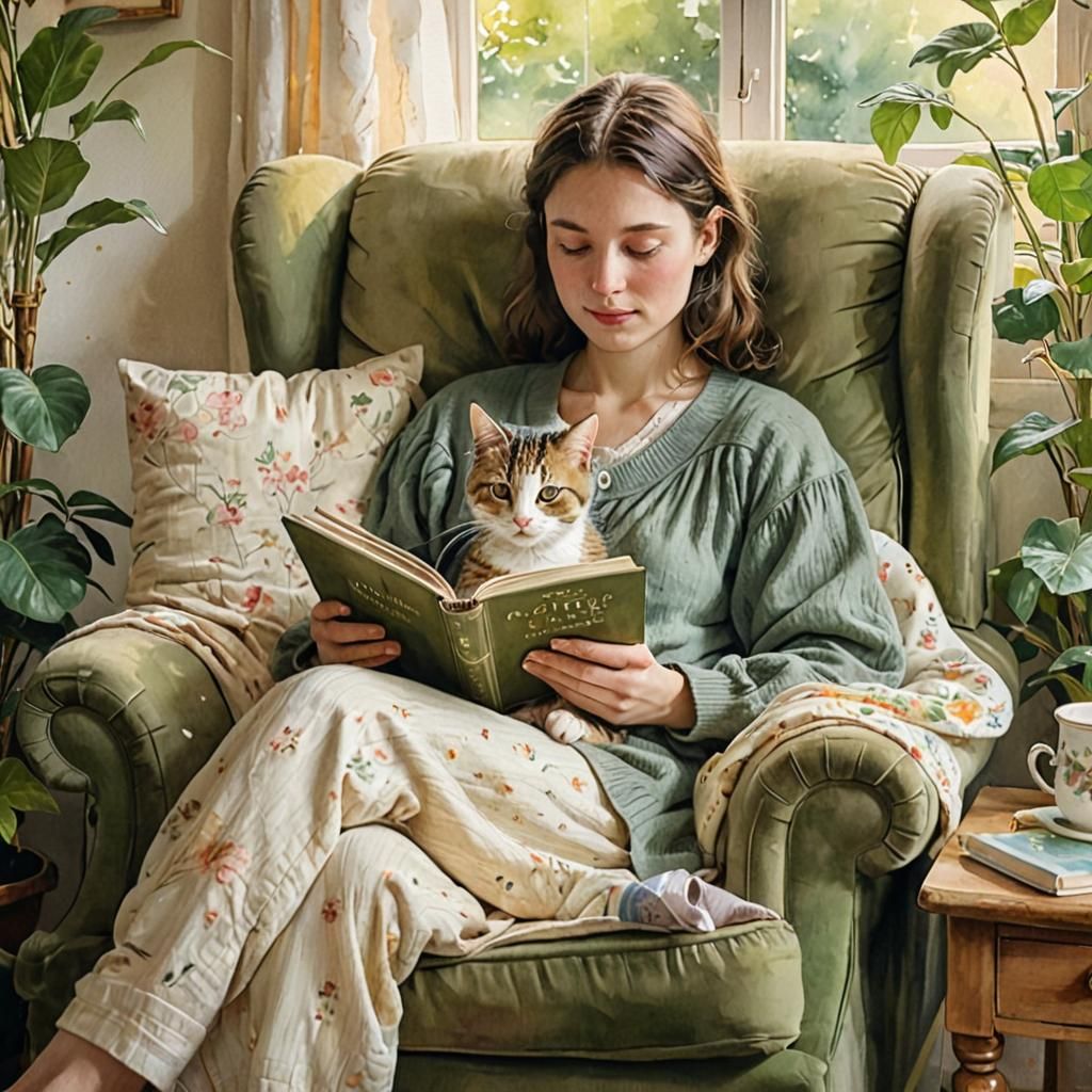 A woman snuggled up in a plush armchair with a cute cat, surrounded by soft golden lighting, warm textiles, ...  by @Artiro