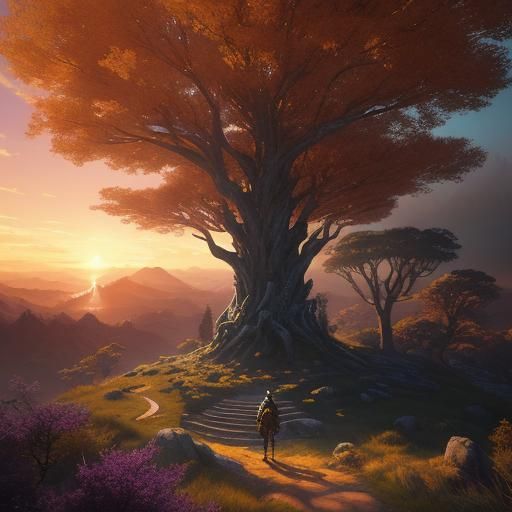 Warrior with Glowing Sword at Mystical Forest Sunset