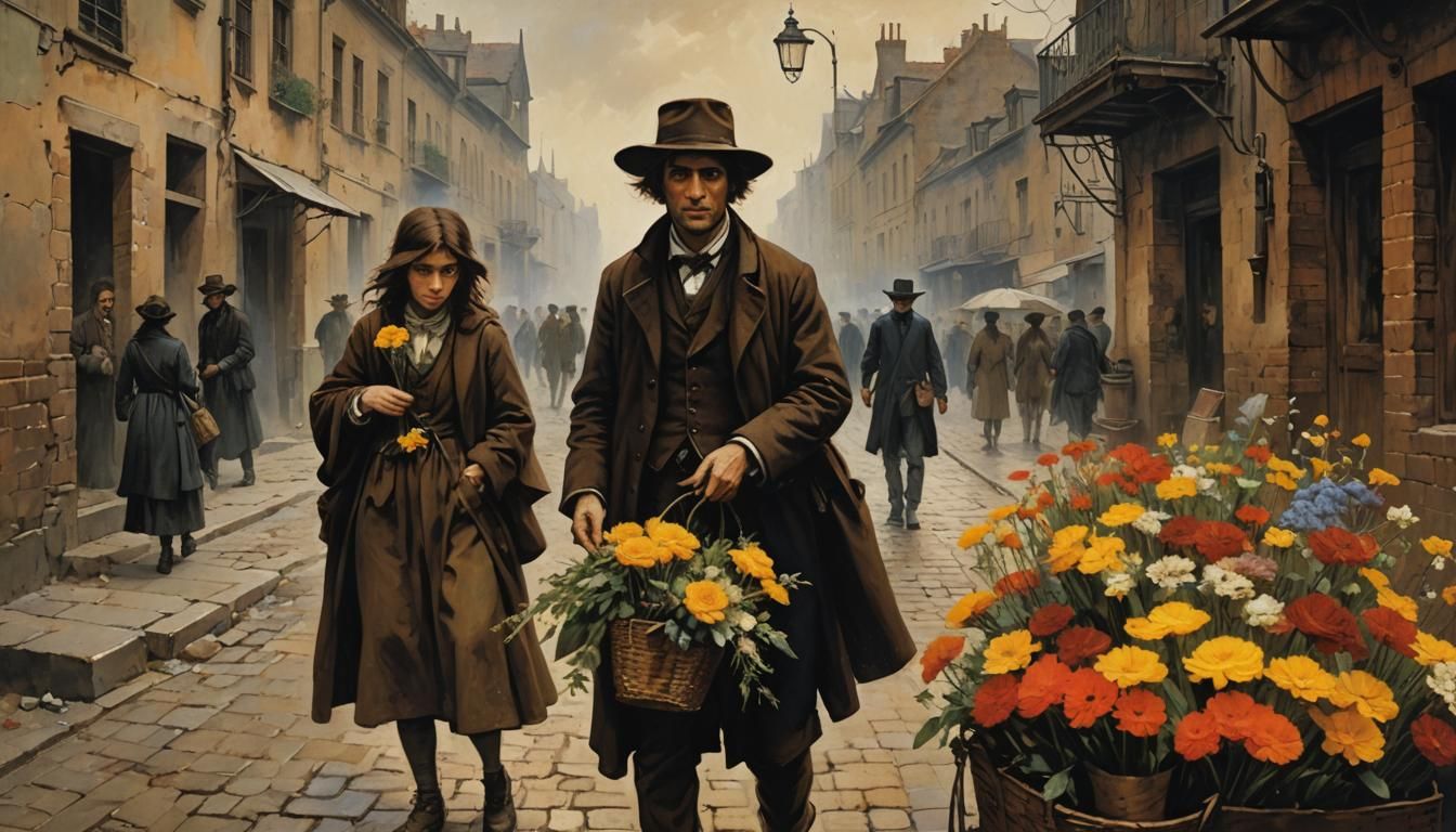 (girl selling flowers and brown-haired boy Pickpocket:1.5) / epic moody ...