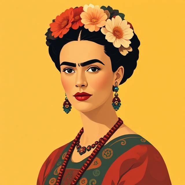 Portrait of a woman in traditional clothing with flowers in her hair, styled like Frida Kahlo.