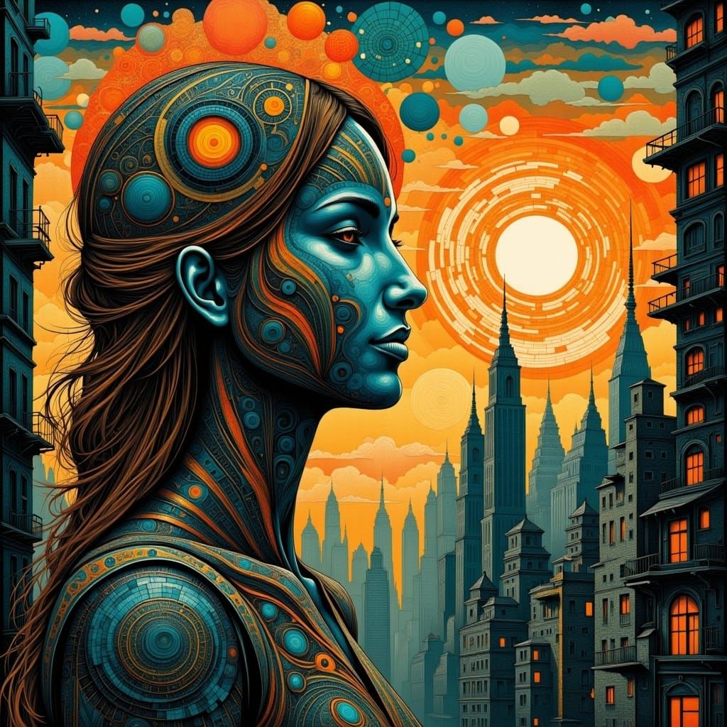 <lora:Deco-Detail:1.0> A woman looking forward cities and sunsets, abstract deco detail 
