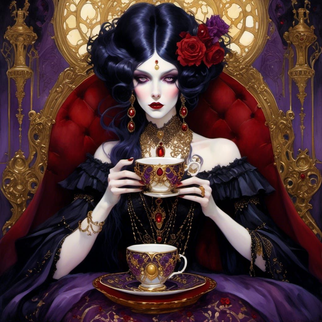 Ornate Vampire Queen Sipping Tea in Dark Fantasy Style