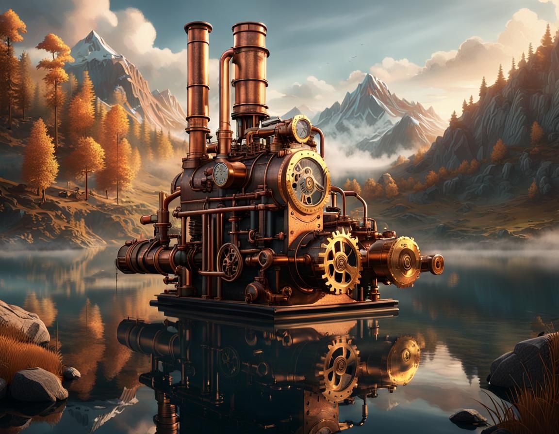 Steampunk pump on a crystal lake