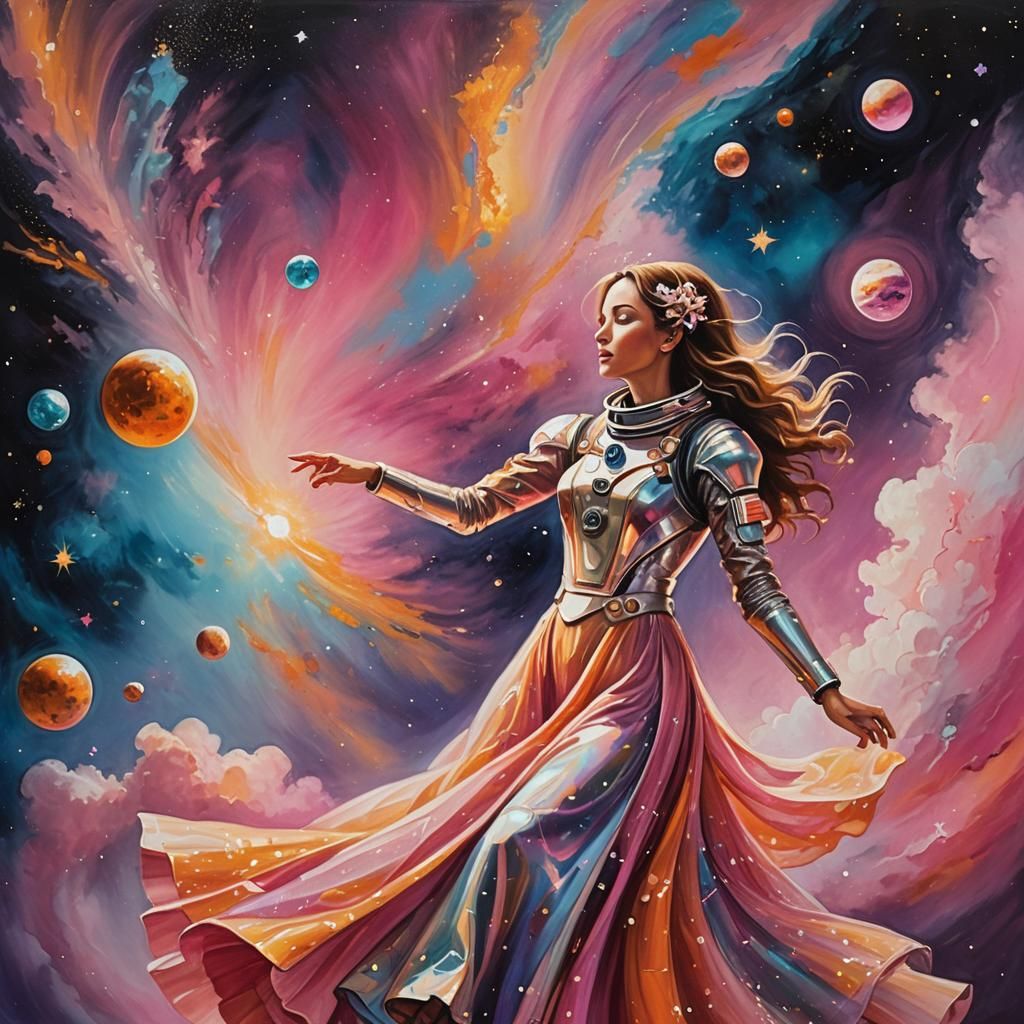 A whimsical picture of a woman trapezist ong, reaching out to an astronaut floating in space and reaching back to her. warm color acrylic ar...