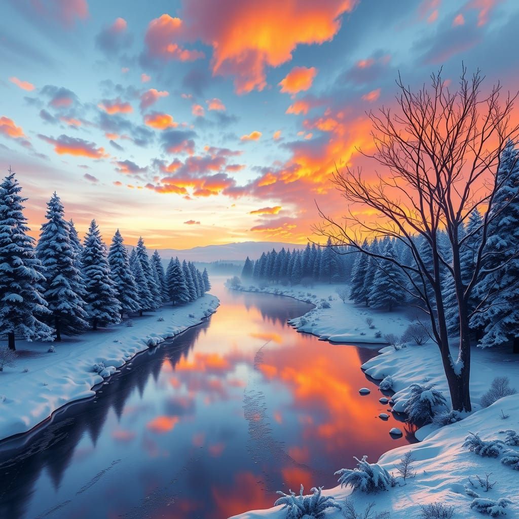 Winter Sunset Serenity in Digital Painting