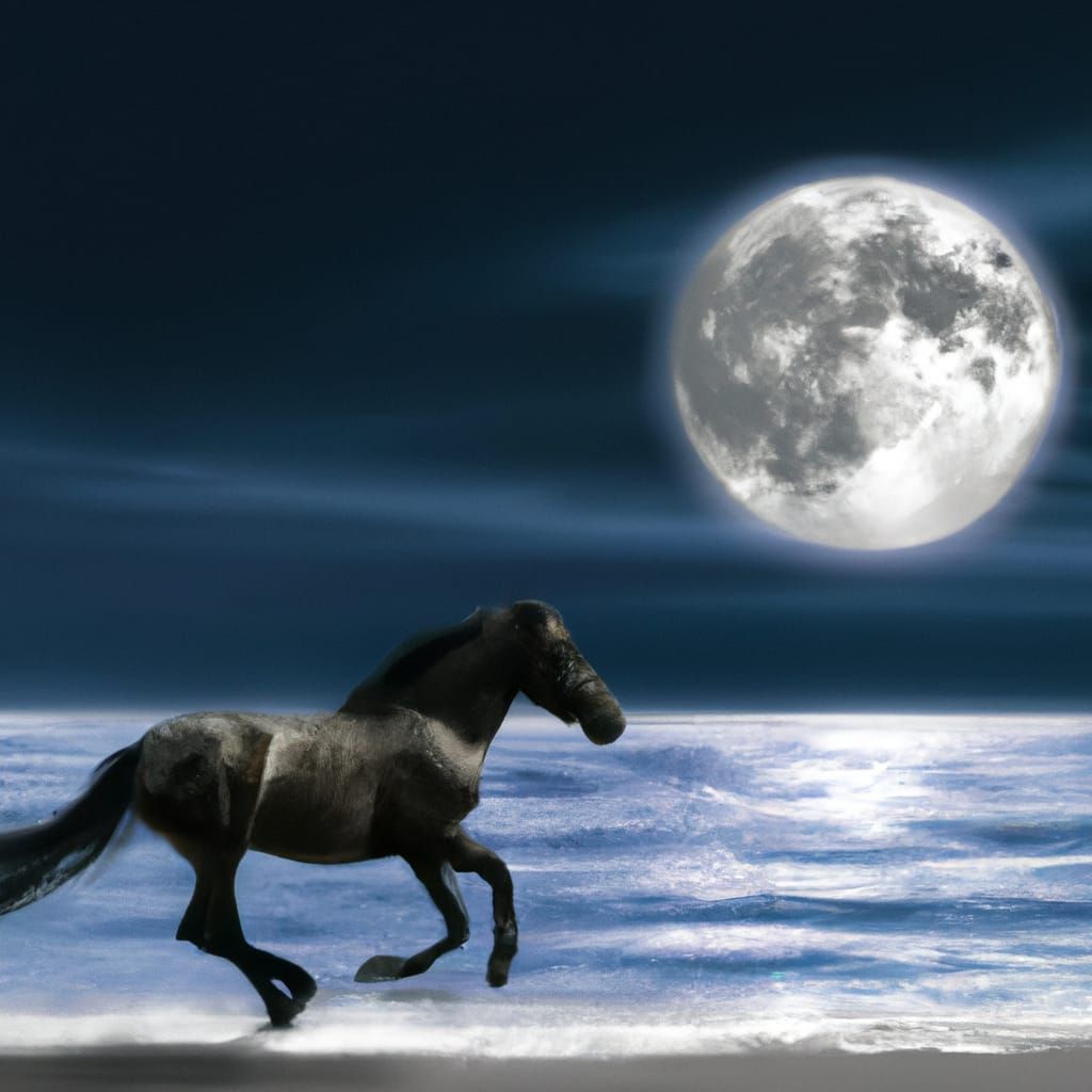 Wild horse running on a beach in the moonlight, realistic im...
