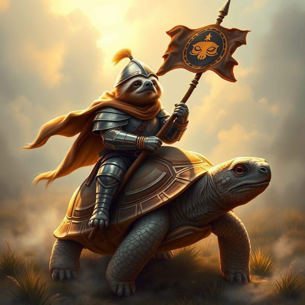 Medieval Sloth Knight
A heroic sloth in shiny armor rides into a fantasy battlefield on a turtle steed, carrying a banner with a sleepy face...
