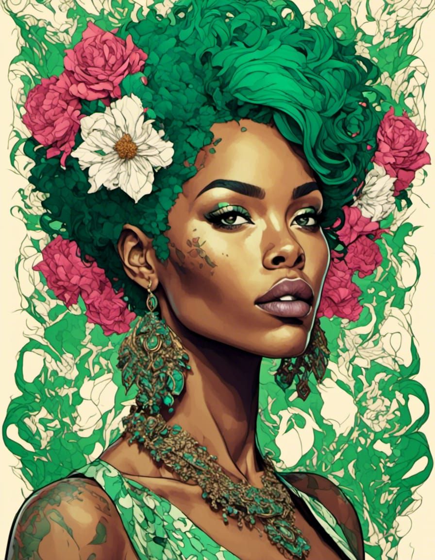 melanated, short hair, flowers, green <lora:Selective Color Art:1.0> 