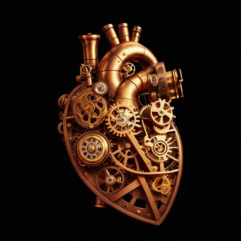 A steampunk heart in a spotlight on a wooden table 