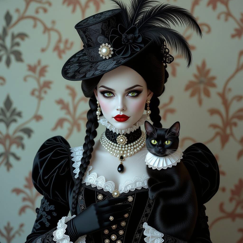 Hyperrealistic Elaborate Gothic Wednesday Adams queen of spades in an elegant and intricate gothic costume and wearing a fascinating hat , b...