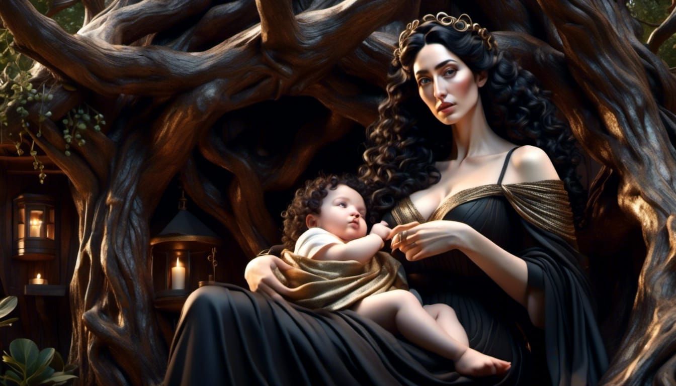 <lora:Hadassah:1.0>  A curvaceous jewish woman with a long face and angular features, long curly black hair, black eyes, pale skin, and aqui...