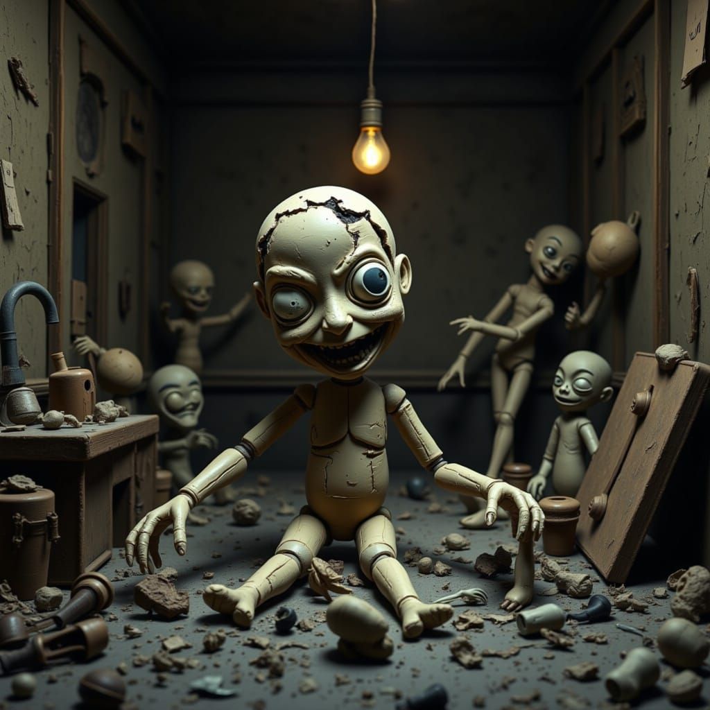 A grotesque, handcrafted clay puppet sits slumped in the corner of a decaying puppet workshop. Its face is cracked and uneven, with deep scu...