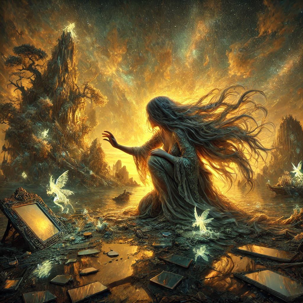 A woman, shrouded in long, flowing hair, kneels on a mystica...