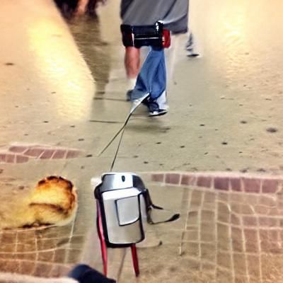 guy walking a toaster on a leash because he is stupid