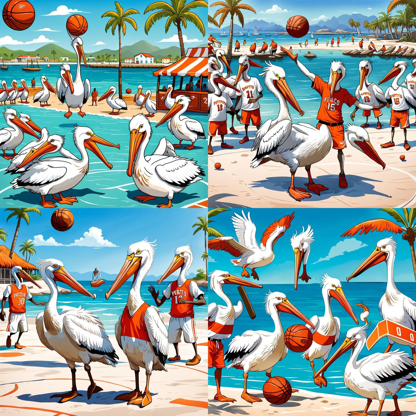 Cartoon White pelicans, wearing orange t-shirts, and  playin...