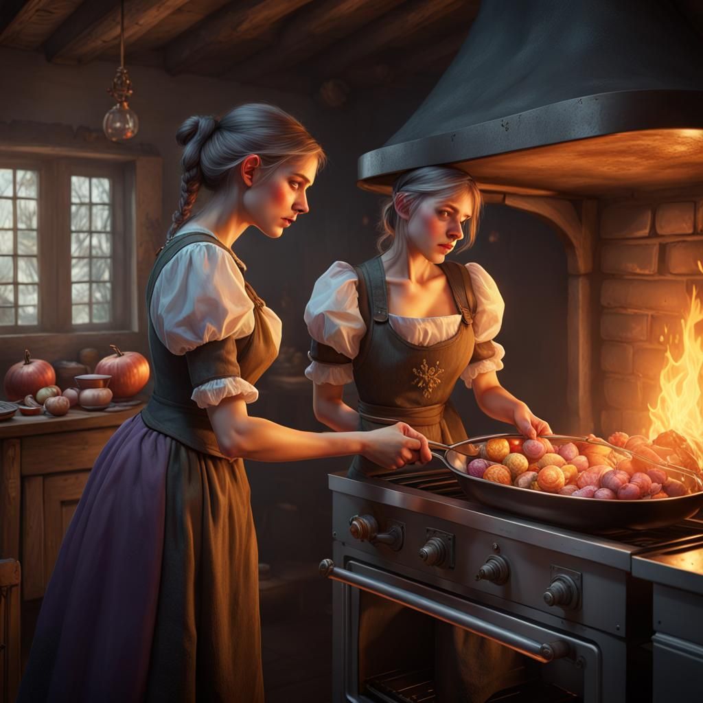 Gretel & The Witch Cook Hansel - AI Generated Artwork - NightCafe Creator