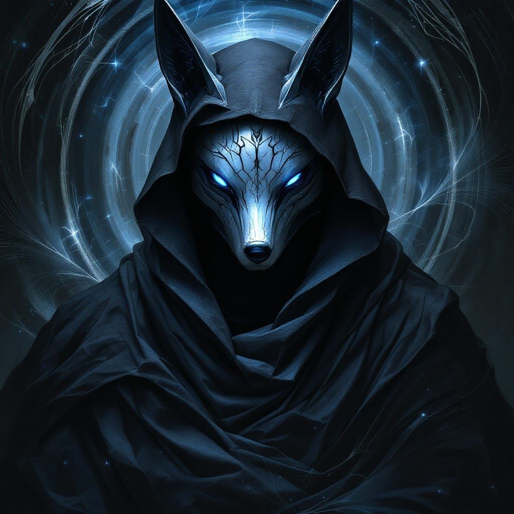  a hyperrealistic portrait of Shivam, an enigmatic dark fantasy figure, depicted with a smooth, featureless metal fox mask — the mask is sle...