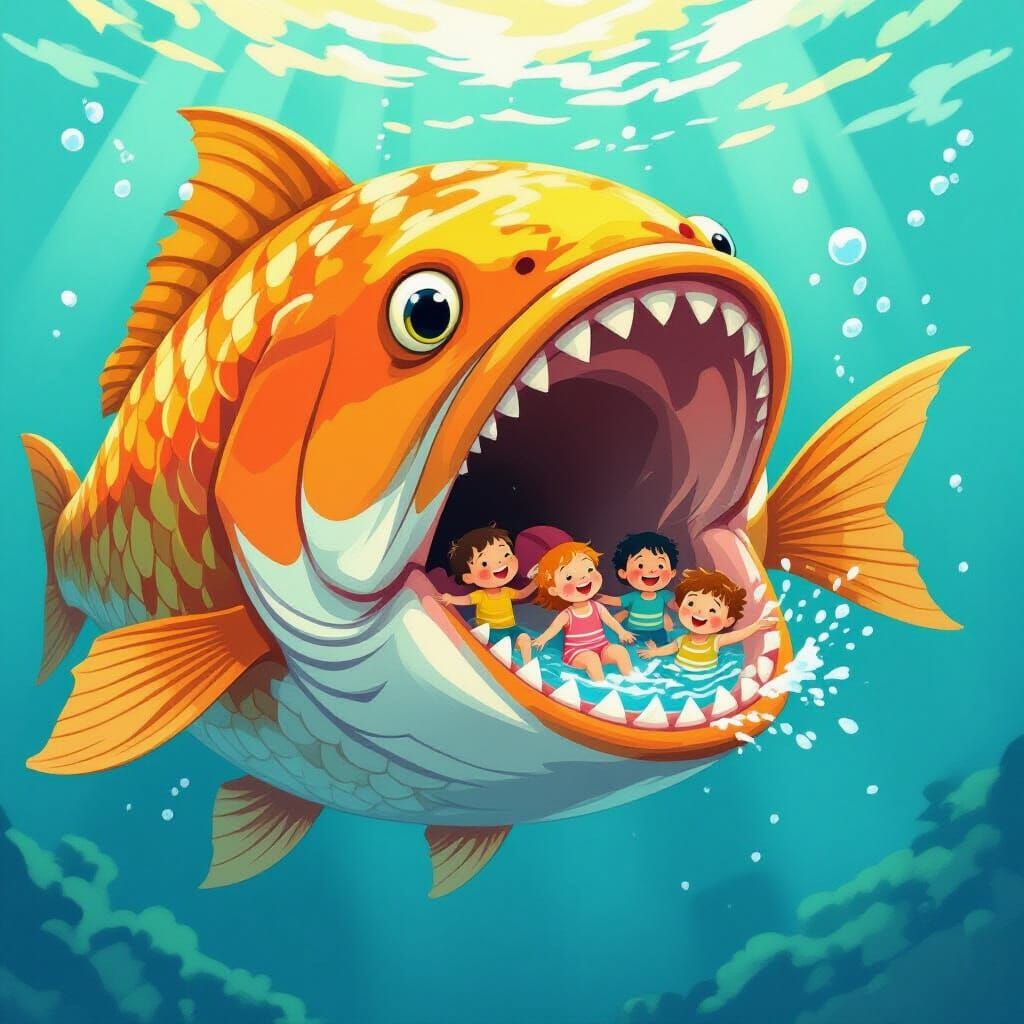 Giant Fish Mouth Opens for Playing Children in Magical Ocean...