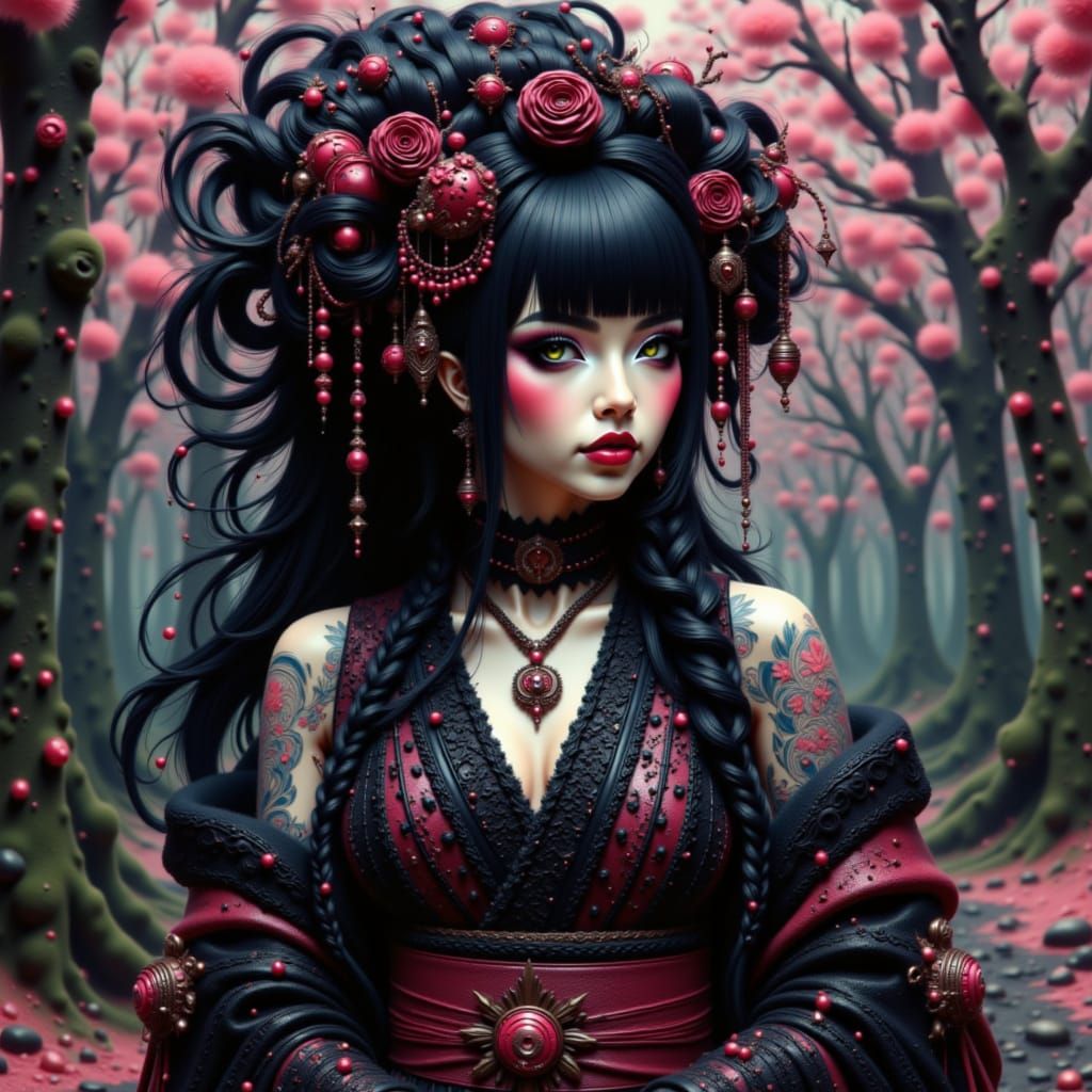 <lora:Big Hair Test Run:1.0>  big hair, Modern geisha in goth-punk attire, draped in intricate black lace and leather kimonos, bold cherry b...