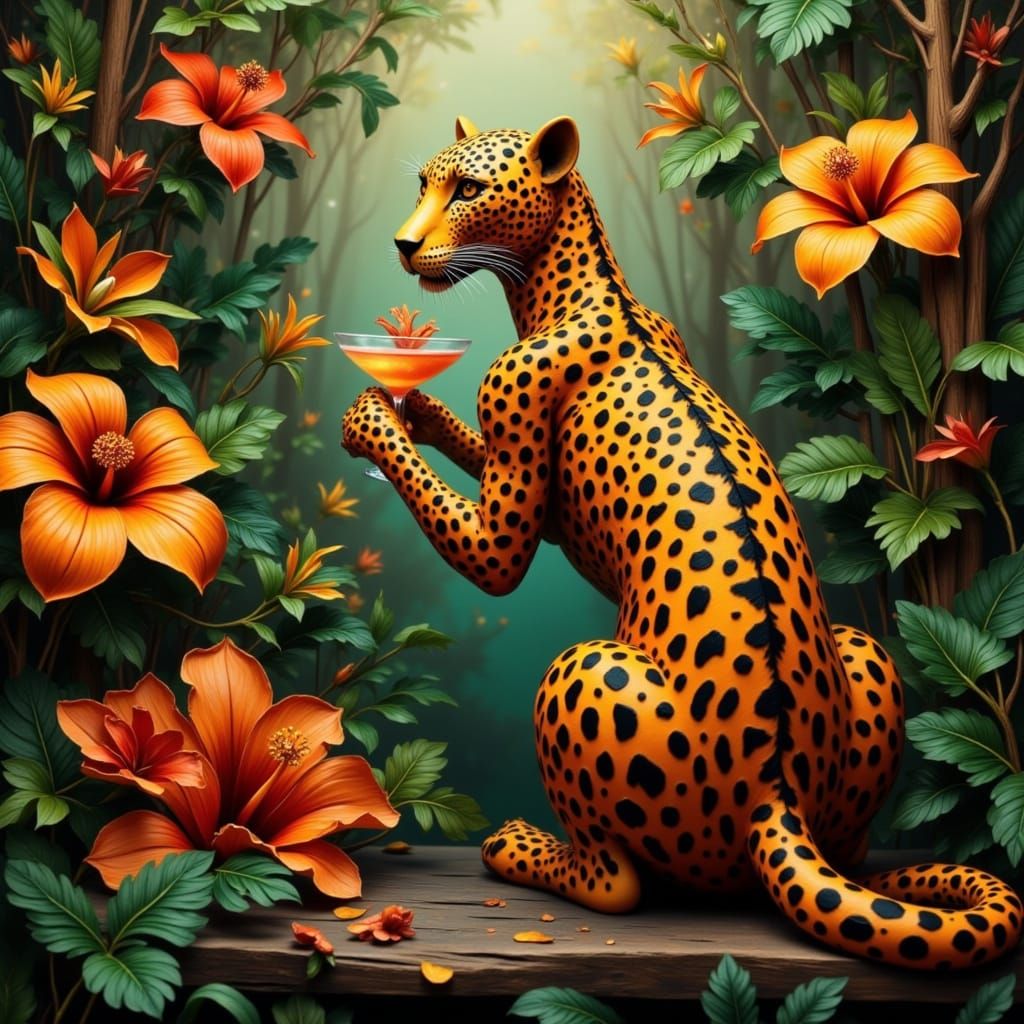 Humanoid leopard figure, posed from the back, in striking orange fur with bold black spots, confidently glances over shoulder, holding a mar...
