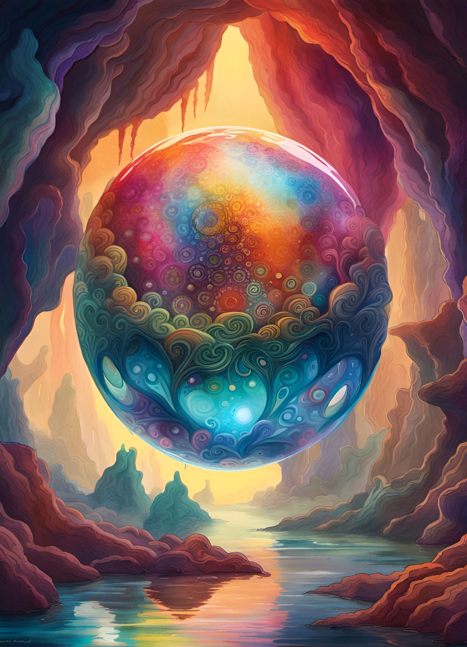 Bohemian Sphere in Cosmic Cave: Watercolour Painting