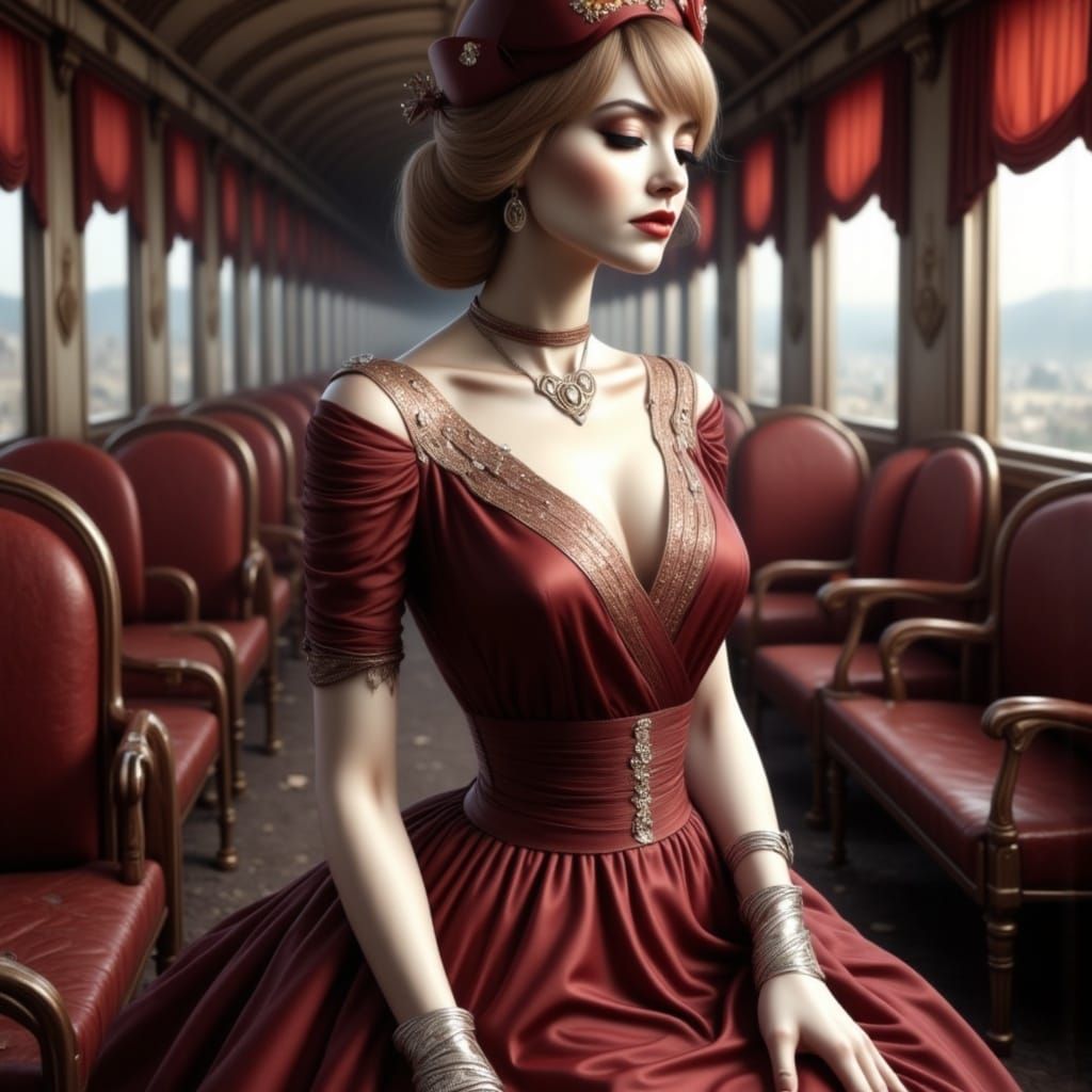 Elegant dressed woman in a fancy train maroon draped  <lora:Silent:1.0> 