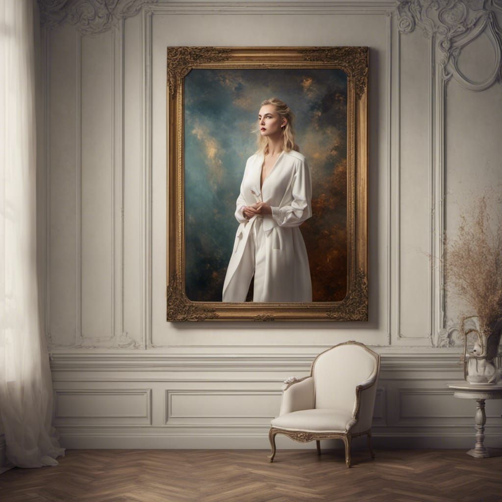 Blonde woman standing next to a large all-white painting in ...