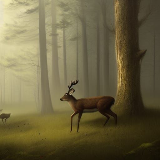 deer eating grass in foggy forest