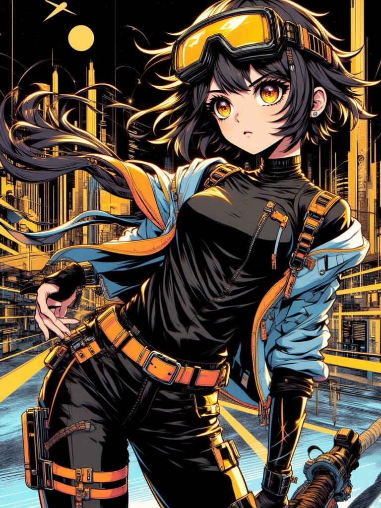 <lora:Neon Genesis:1.0> Manga girl in modern outfit, goggles, posing dynamically in an action shot, with cinematic big eyes, against a styli...