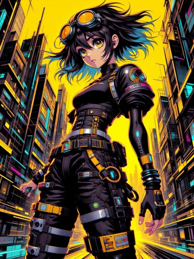 <lora:Neon Genesis:1.0> Manga girl in modern outfit, goggles, posing dynamically in an action shot, with cinematic big eyes, against a styli...