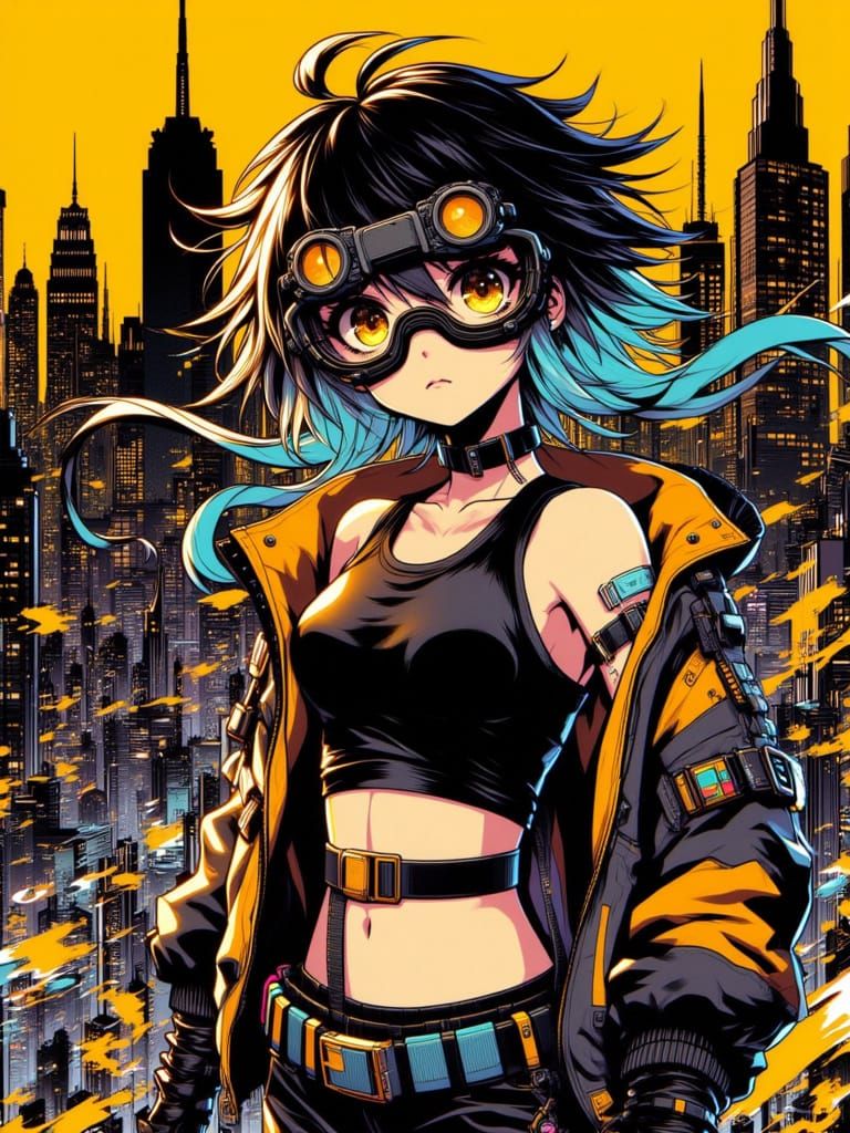 <lora:Neon Genesis:1.0> Manga girl in modern outfit, goggles, posing dynamically in an action shot, with cinematic big eyes, against a styli...