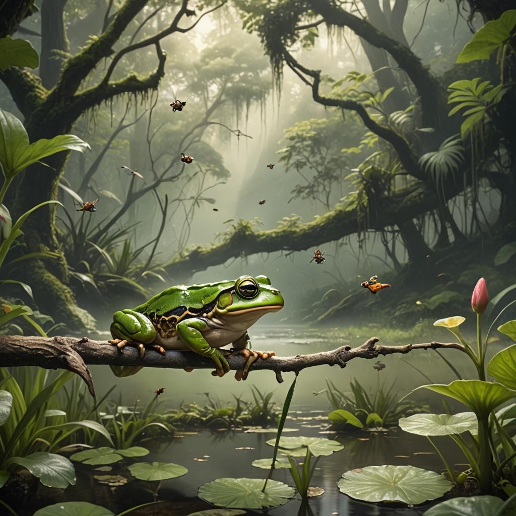 A frog 🐸 sticks out it’s tongue to catch a passing insect -a frog hunting detailed matte painting  by @Purpledaisy