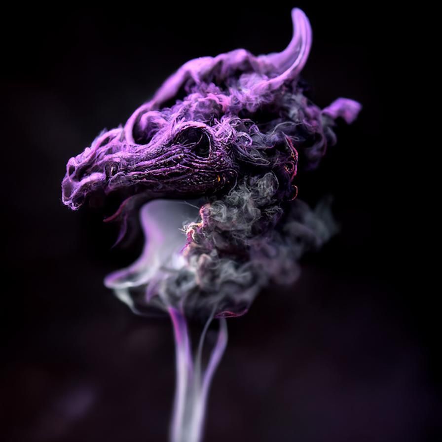 a puff of purple smoke in the shape of a mythical dragon hea...