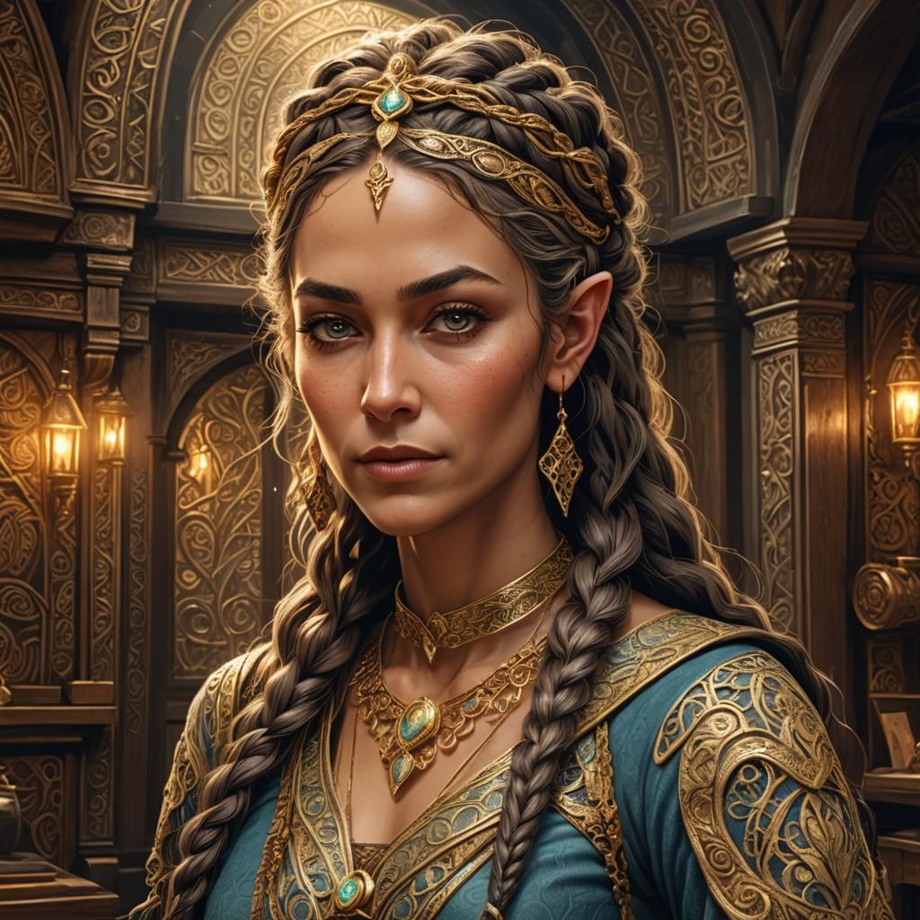 Elegant Elven Matron in Medieval Shop, 3D Art