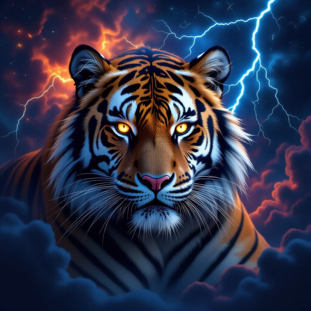 Majestic Tiger in Cosmic Nebula with Lightning
