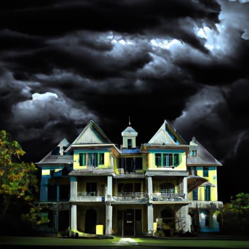 Haunted mansion with thunder storm above it