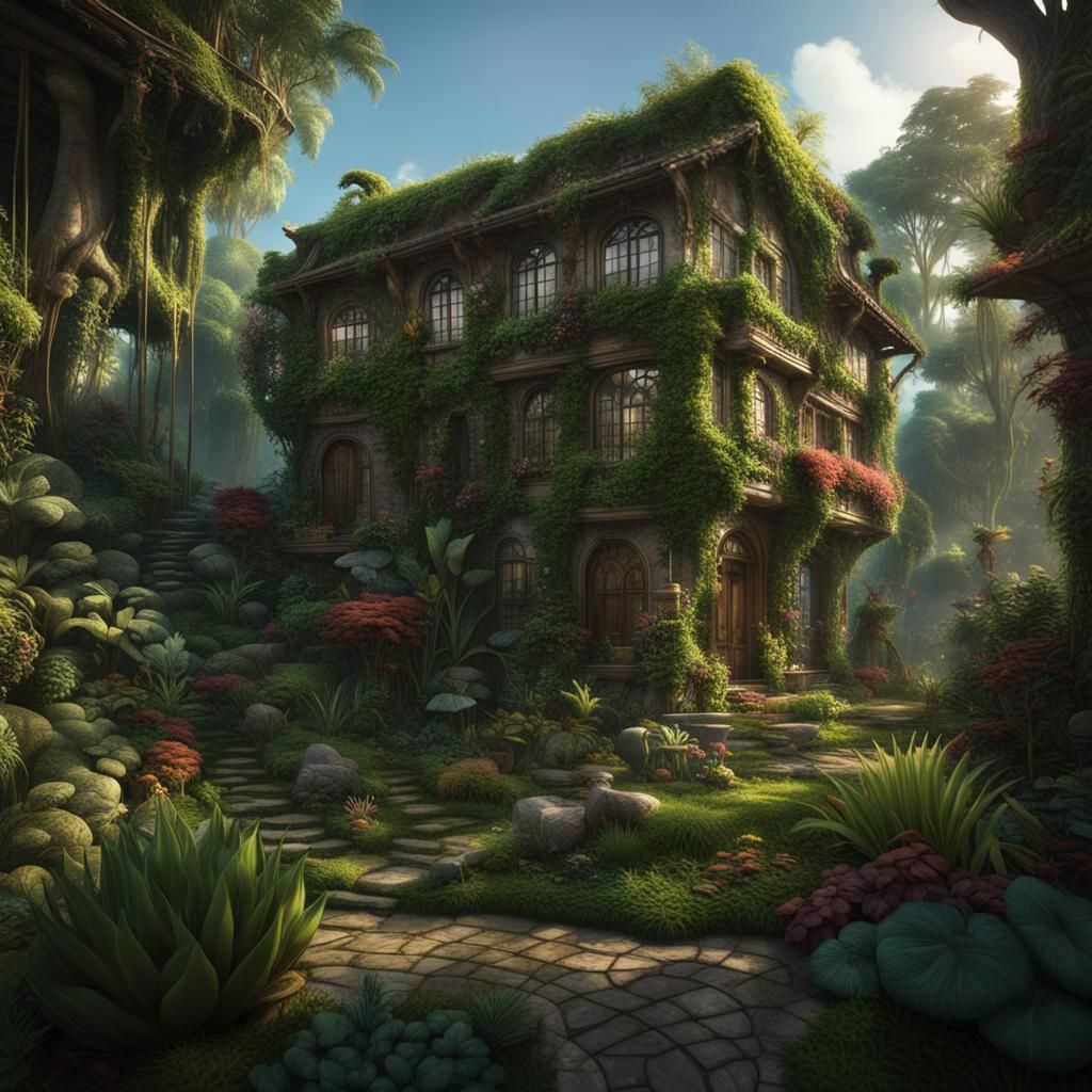 house with garden full of plants , jungle-like but neat and ...