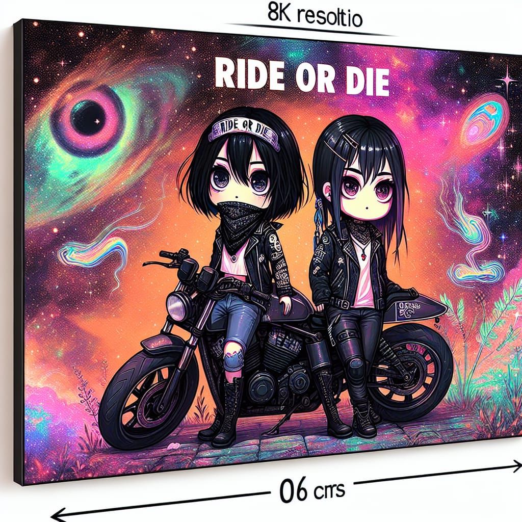 black-haired chibi biker girl with her best friend leaning a...