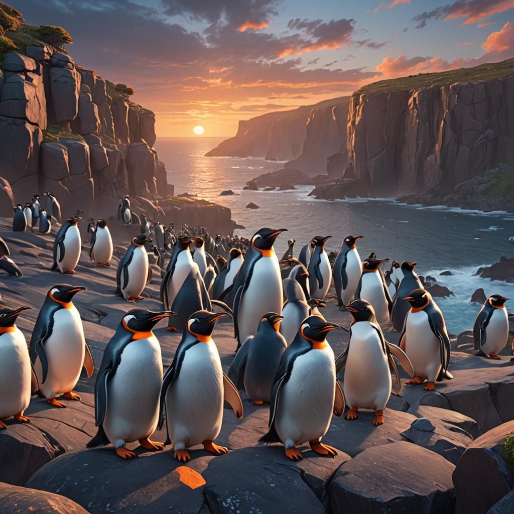 Penguins Singing at Sunset: Detailed Matte Painting