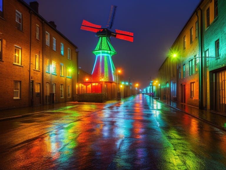 Huge Windmill in Rainy street alleys in eerie shadowy night,...