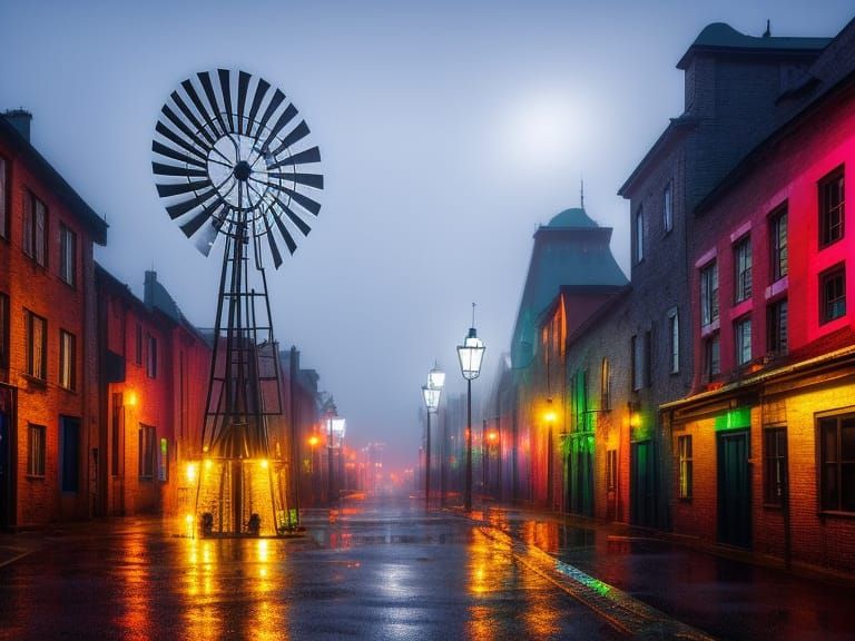 Huge Windmill in Rainy street alleys in eerie shadowy night,...