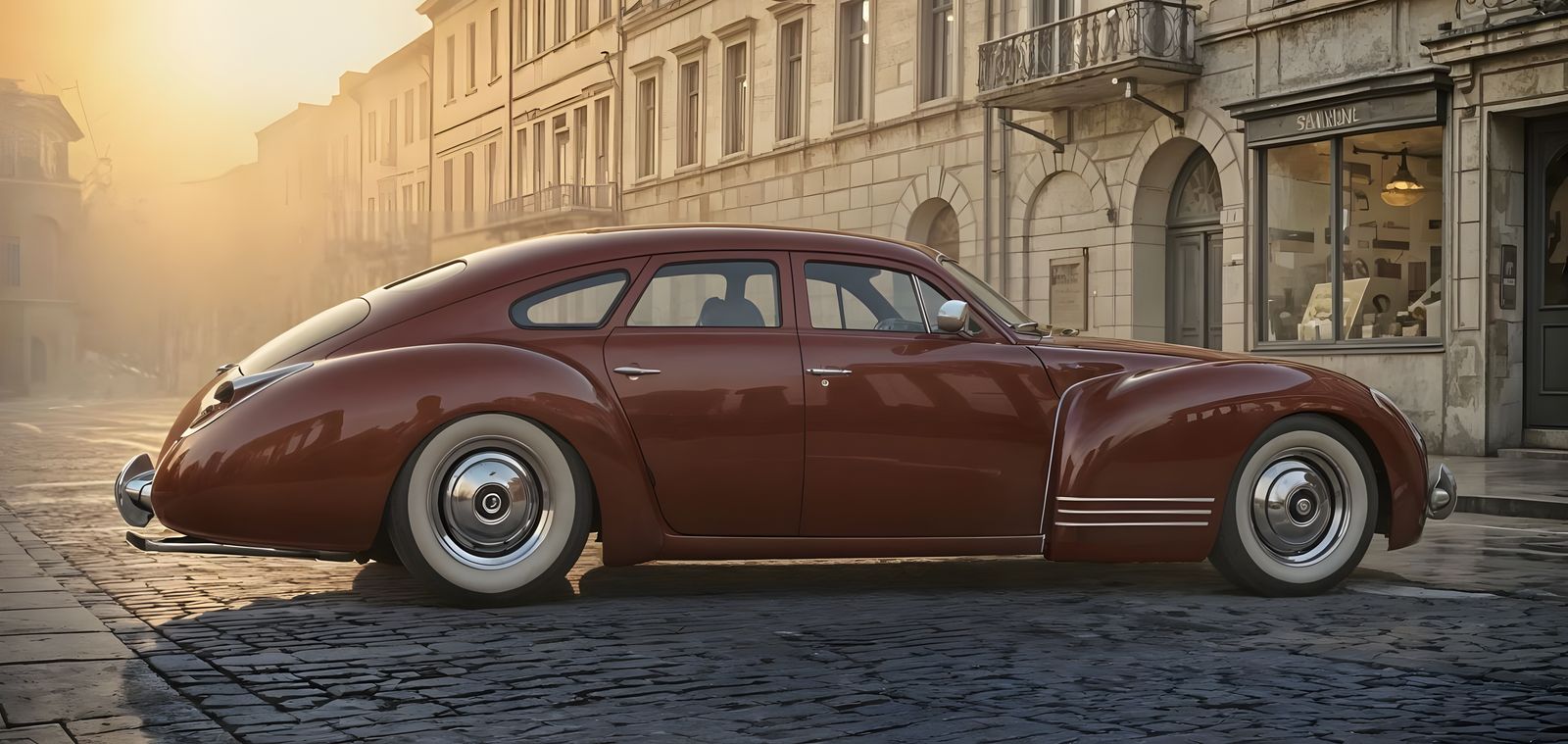 1940s Aerodynamic Limousine in Foggy Italian Cityscape - sid...
