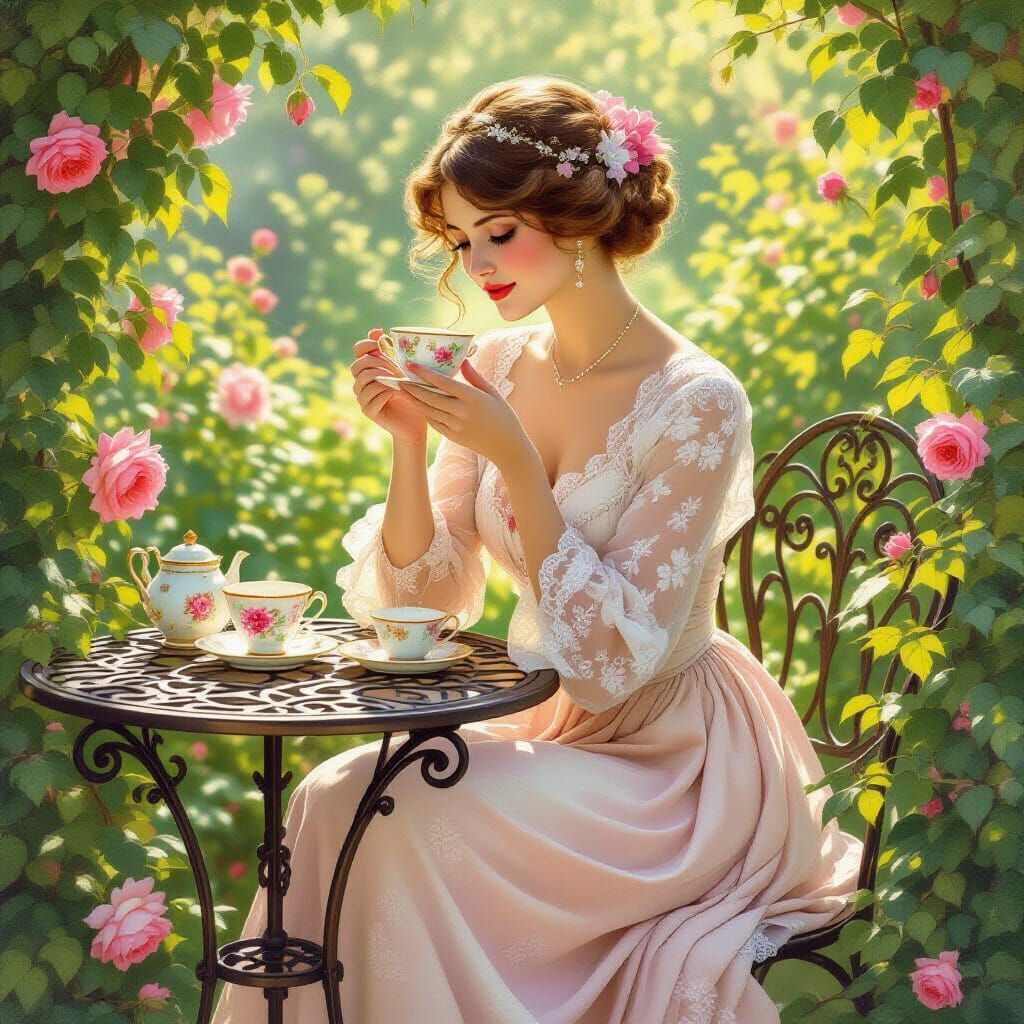 Elegant Woman's Tea Party in Art Nouveau Style