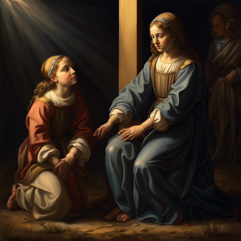 Two girls kneeling before the Cross. volumetric lighting hyperdetailed renaissance painting