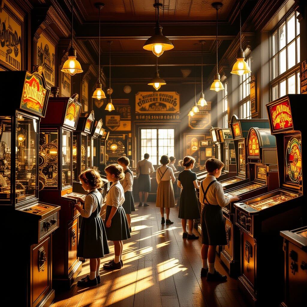 An atmospheric vintage arcade scene from the early 1900s, filled with old-fashioned mechanical games, ...  by @doljeonggie04