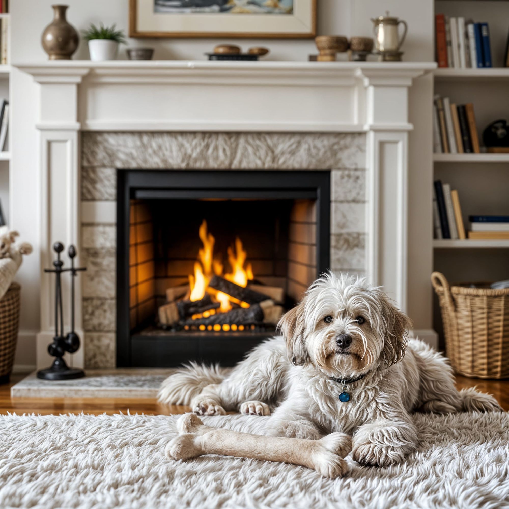 A fire in the fireplace surrounded by a bookshelf and a small white shaggy dog ​​lying there dozing with a large bone in front of his paws