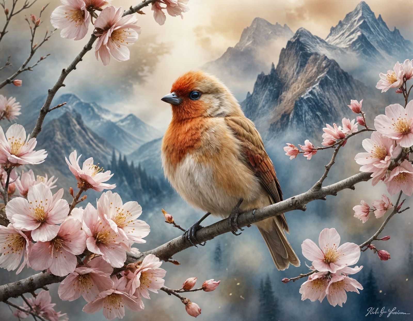 Delicate fluffy red bird on cherry tree branch   by @Dreamer in Hell