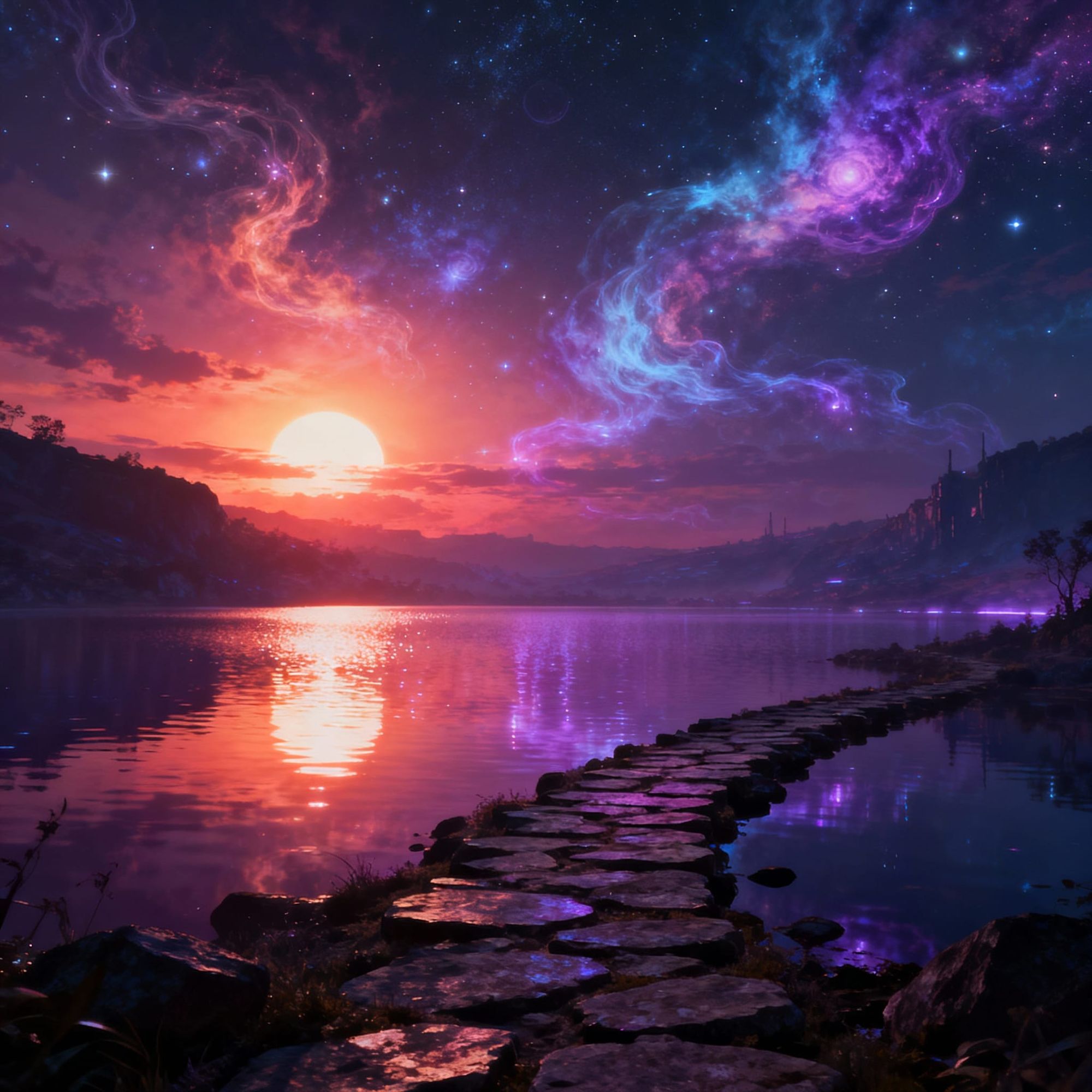  Surrealism. Wide shot. A cosmic landscape unfolds with a glowing sunset. A stone path leads to a lake reflecting the sky. Medium shot. Eeri...
