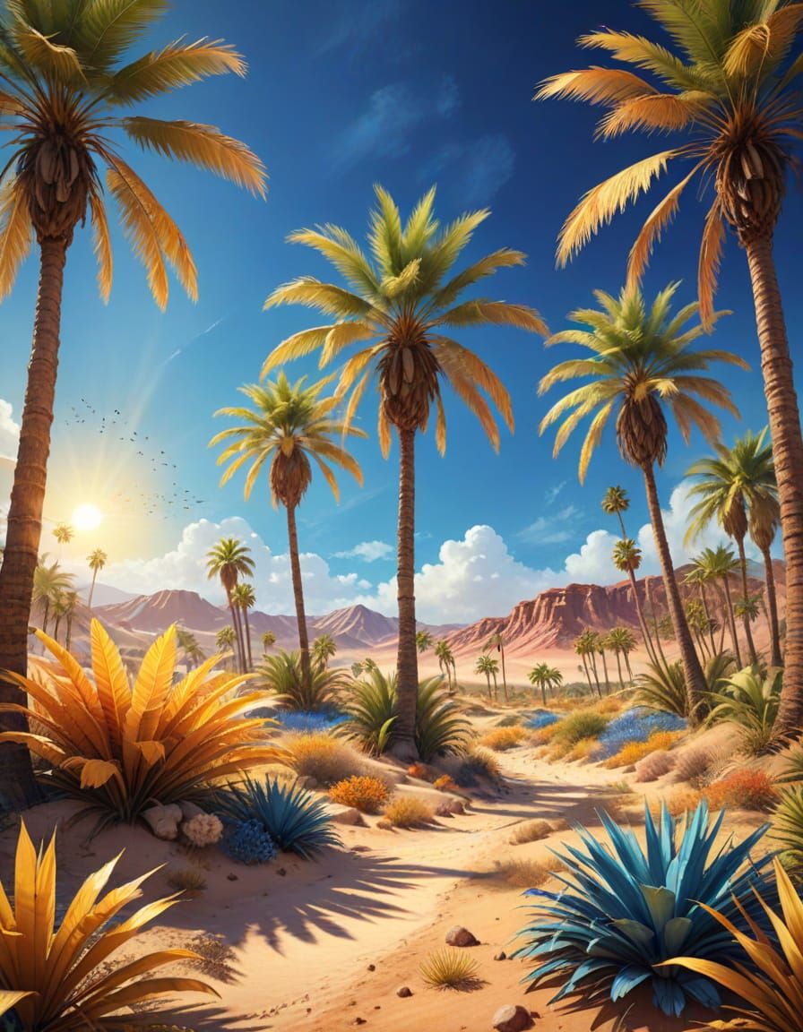 Desert Oasis in Watercolor Style