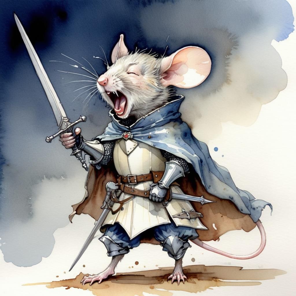 Yawning Mouse Knight in Watercolor Style